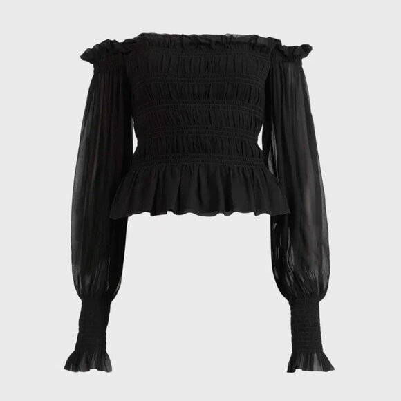 ALLSAINTS Lara Off-the-Shoulder Smocked Top (Black, 0 US) - Picture 2 of 4